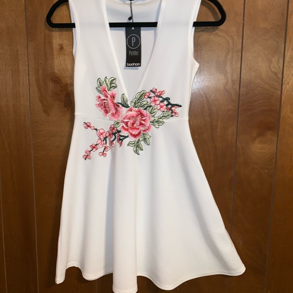 Boohoo White Dress with floral design
